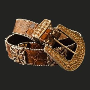 Brown Embellished Belt with Gold Buckle